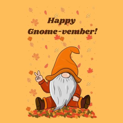 Image of Gnome sitting in autumn leaves.