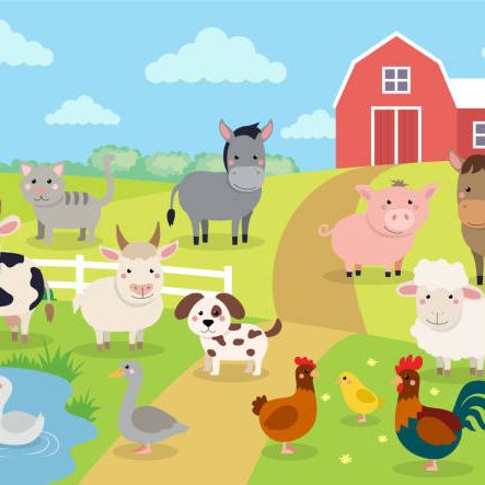 Farm with farm animals in field.